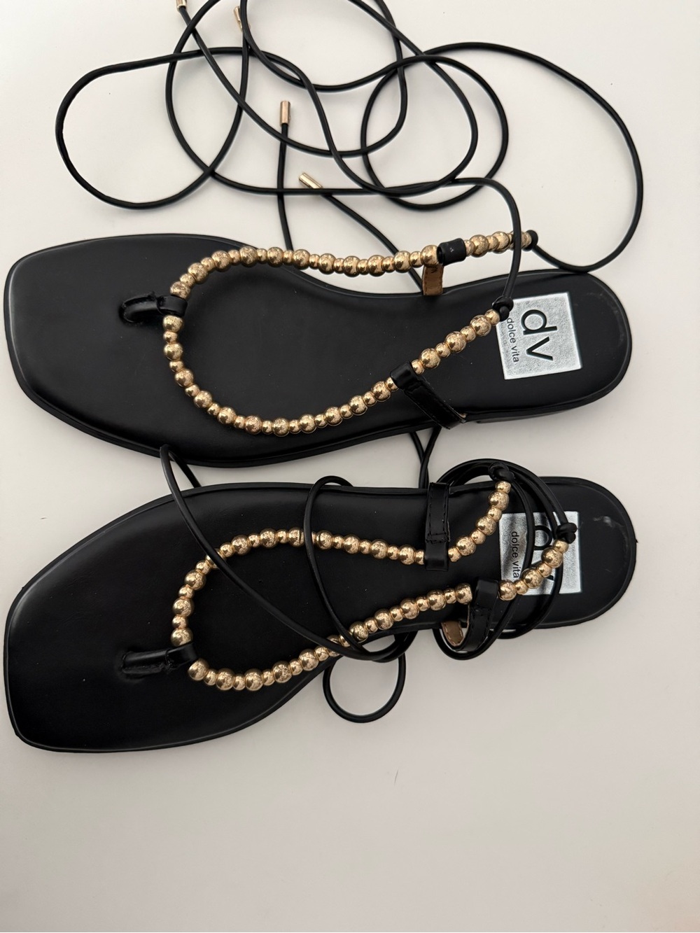 DV by Dolce Vita Black Lace-Up Sandals with Gold Beaded Trim